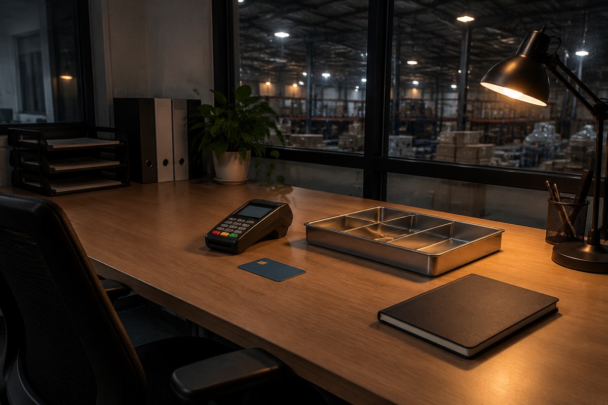 Gloved hands wrapping parcels in kraft paper on a warehouse bench
