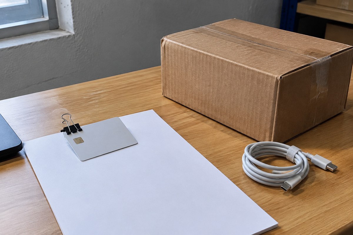 Kraft bubble mailer and grey-wrapped parcel on a warehouse packing table