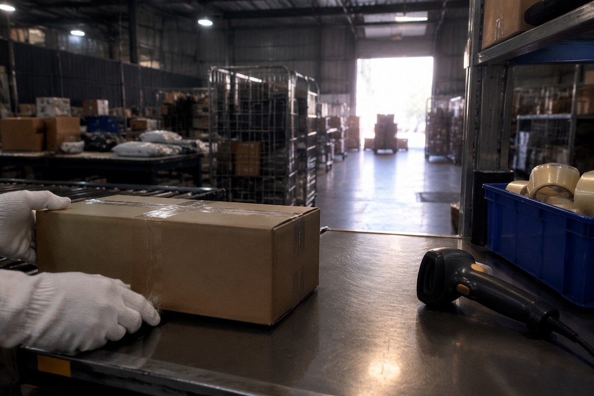 Gloved hands lifting a carton during warehouse intake