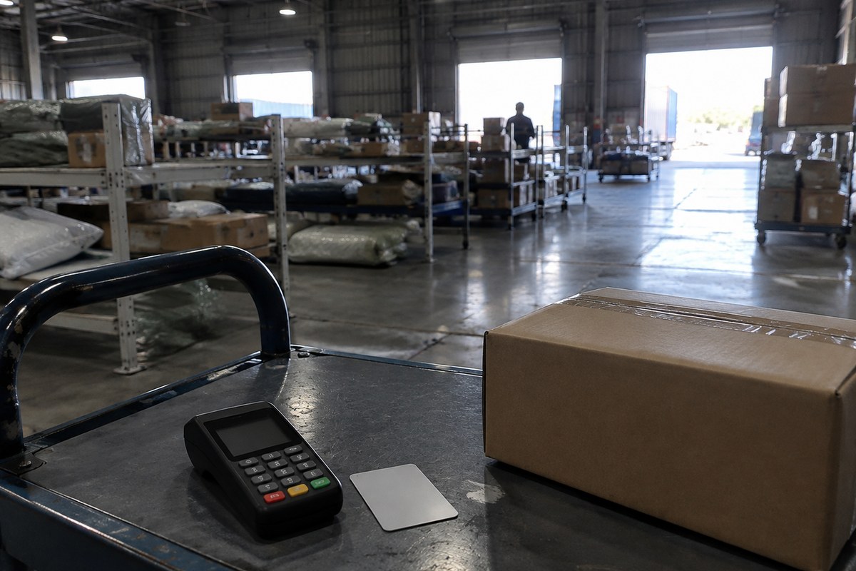 Gloved hands lifting a taped cardboard box onto a van loading platform in a warehouse