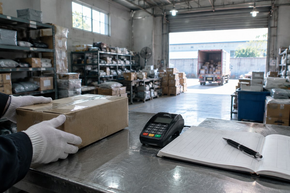 Gloved hands sealing a taped cardboard box on a steel warehouse table