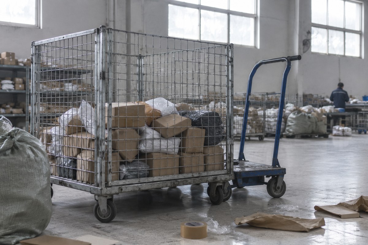 Gloved hands sorting grey poly mailer bags and kraft envelopes on a warehouse table
