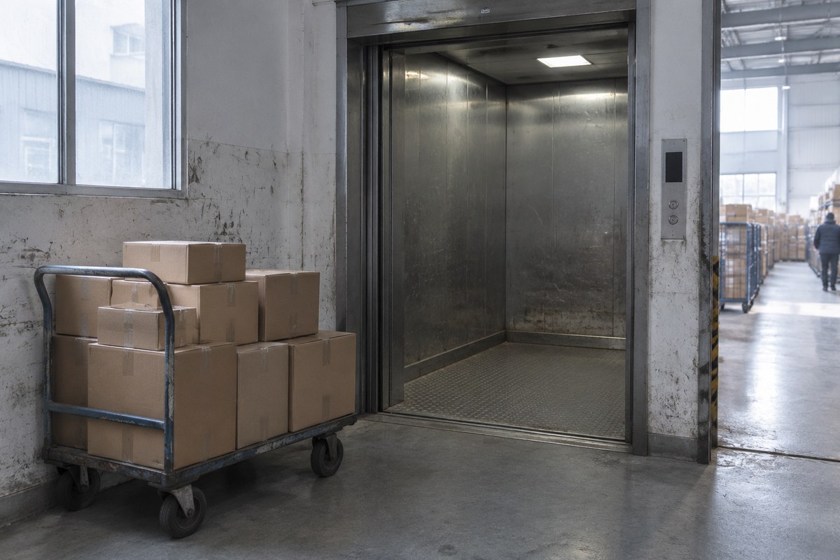 Gloved hands pulling a carton from a racking aisle stacked with identical parcels