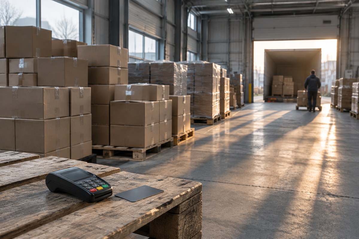 White-gloved hand resting on a sealed parcel beside a handheld scanner