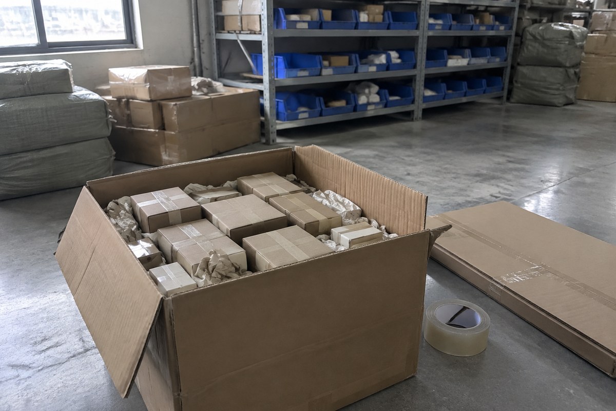 Hands loading flat parcels into a carton to cut shipping volume