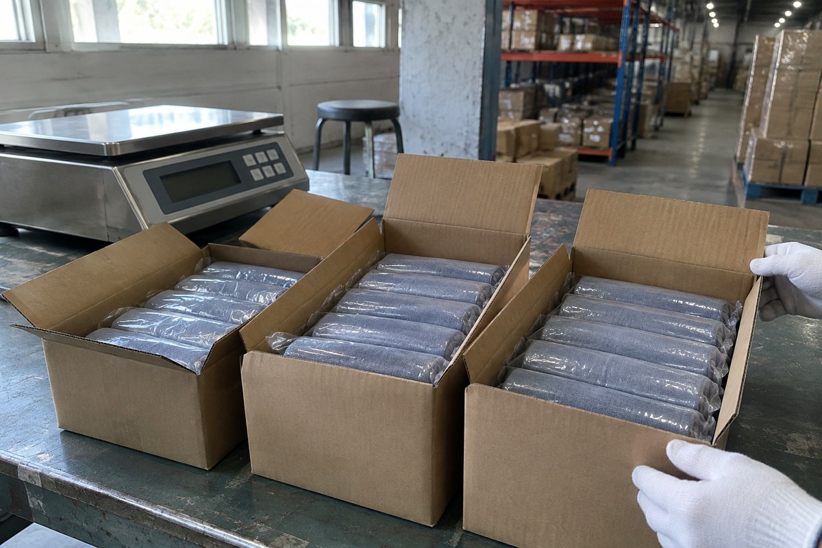 Three open cartons containing rows of individually wrapped grey items beside a digital scale