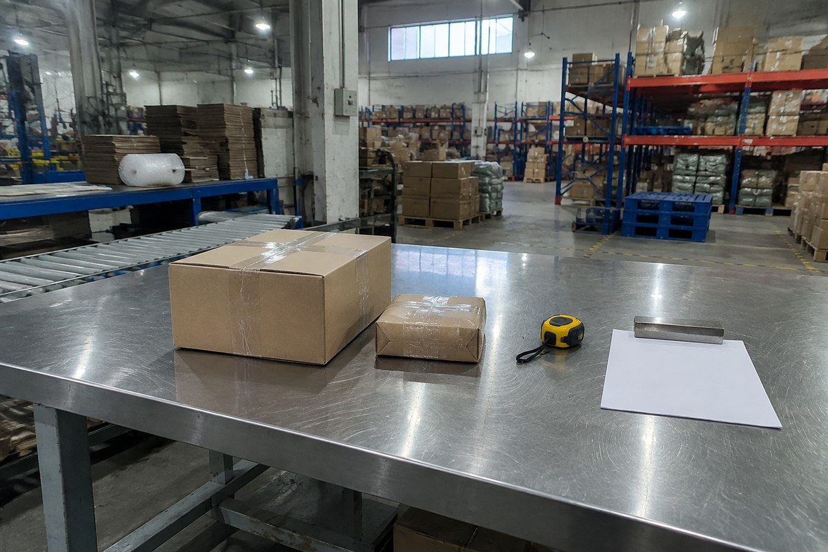 Gloved hands taping a sealed carton beside a kraft envelope
