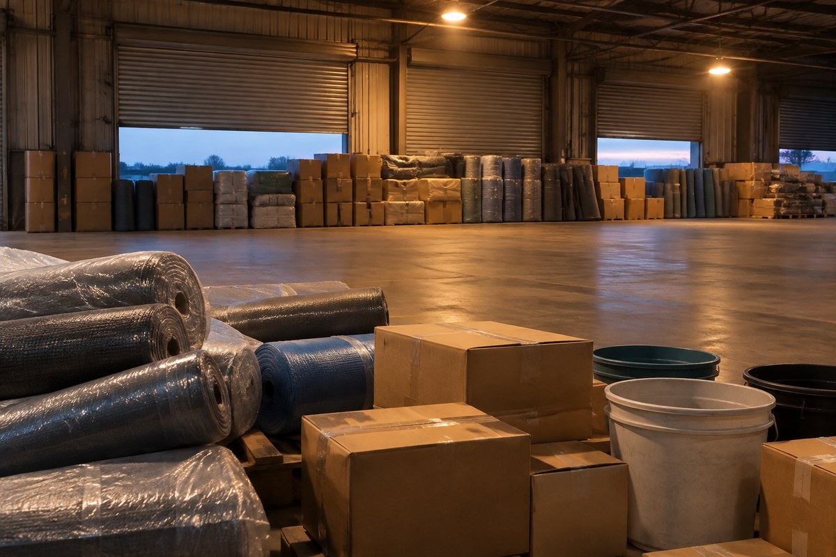 Gloved hand stacking cartons beside an open parcel on the floor