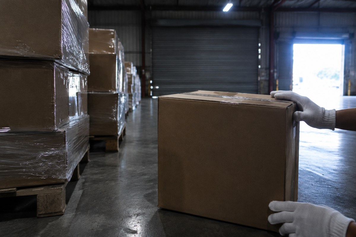 Gloved hands sealing a carton before the address label is checked