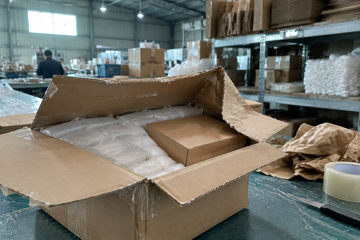 Gloved hands closing a carton over a bubble-wrapped item before taping