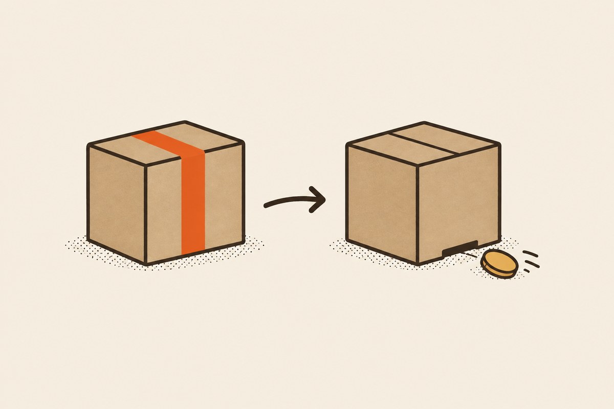 Two sealed cartons and a roll of tape on a warehouse bench
