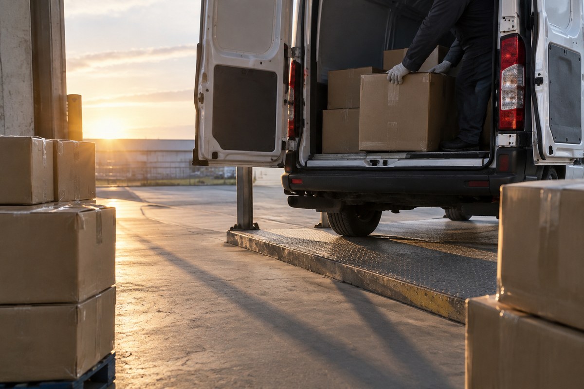 Gloved hands strapping stacked cartons on a pallet beside a loading van