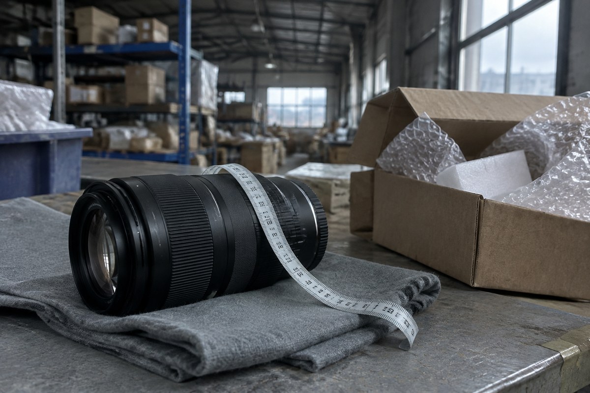 Camera lens with a measuring tape on folded grey fabric beside a box of protective packaging