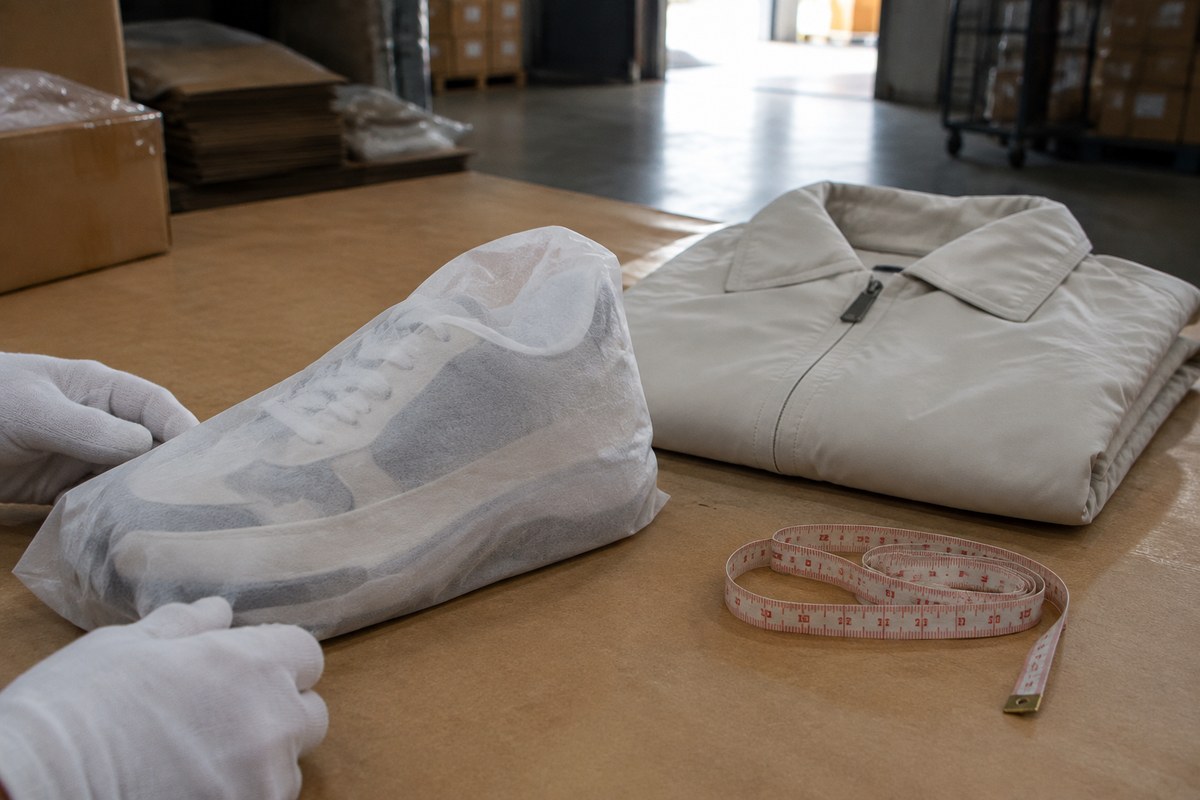 Gloved hands inspecting a white sneaker beside its opened Taobao box