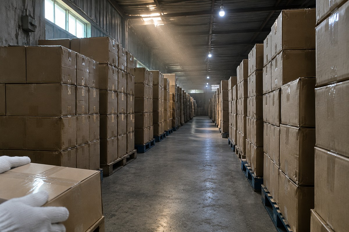Gloved hand sliding a sealed carton under a steel table among stored parcels