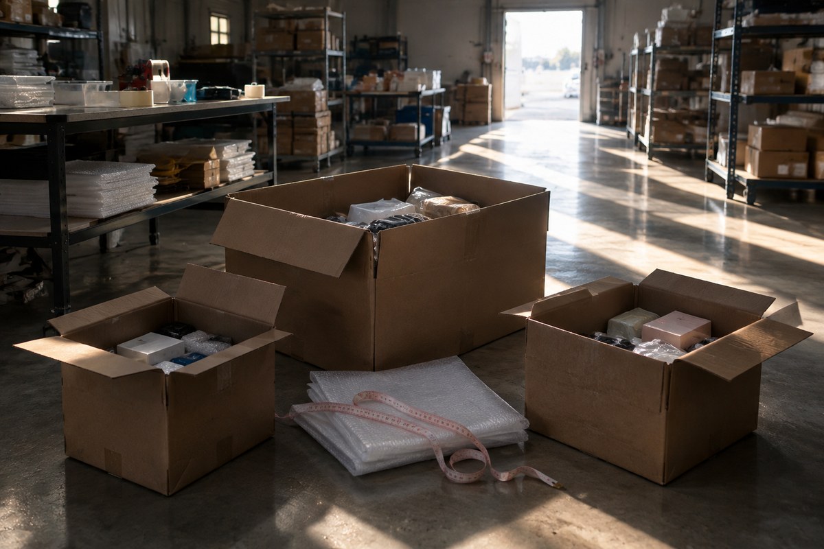 Grey poly mailers from separate orders being boxed together for one shipment