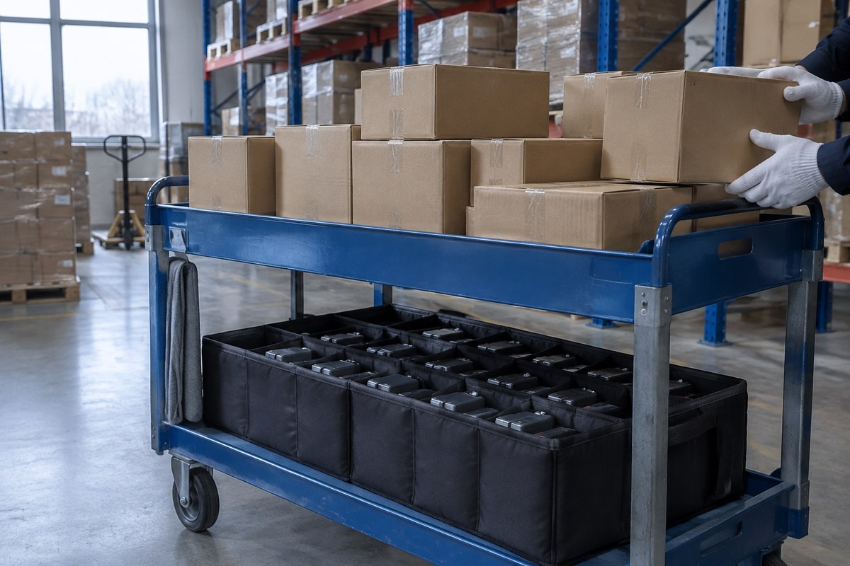 Gloved hands packing a black cylindrical item into a foam-lined shipping box