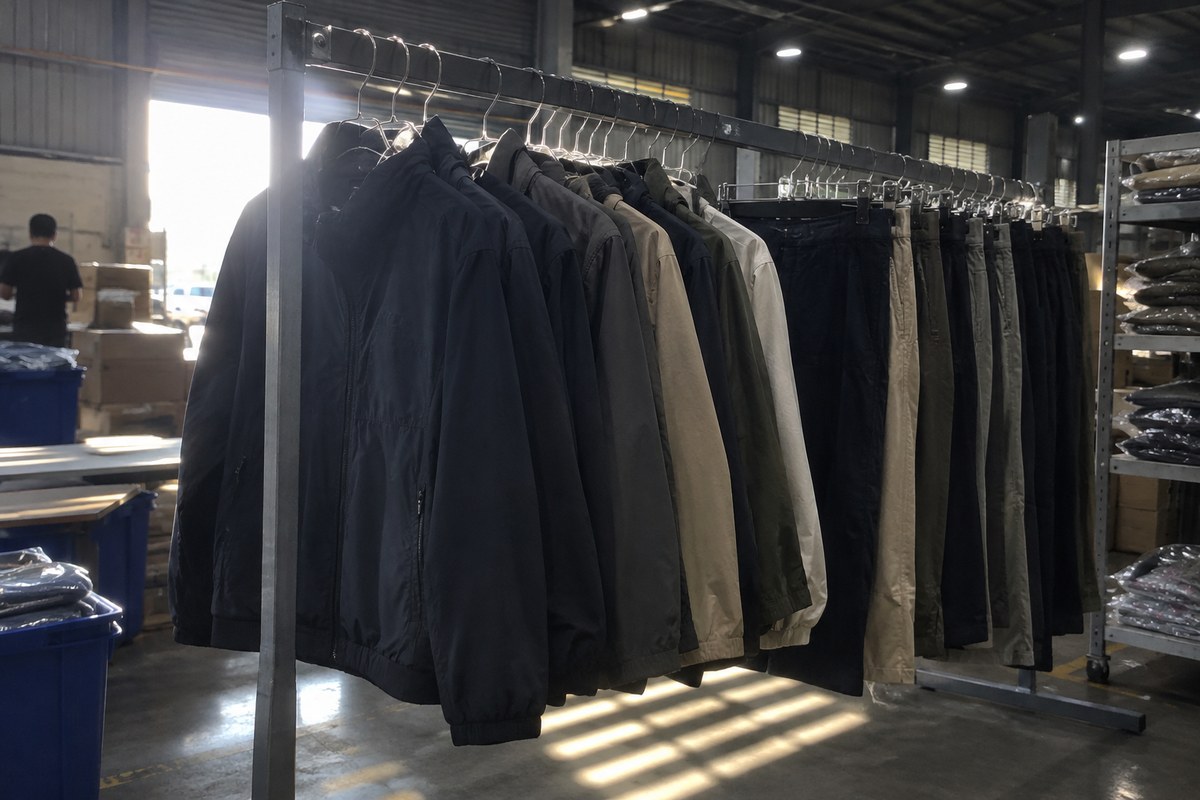 Jackets and trousers hanging on a garment rail in a warehouse