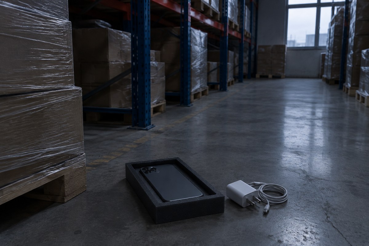 Tray with a smartphone, charging cable and adapter ready for inspection