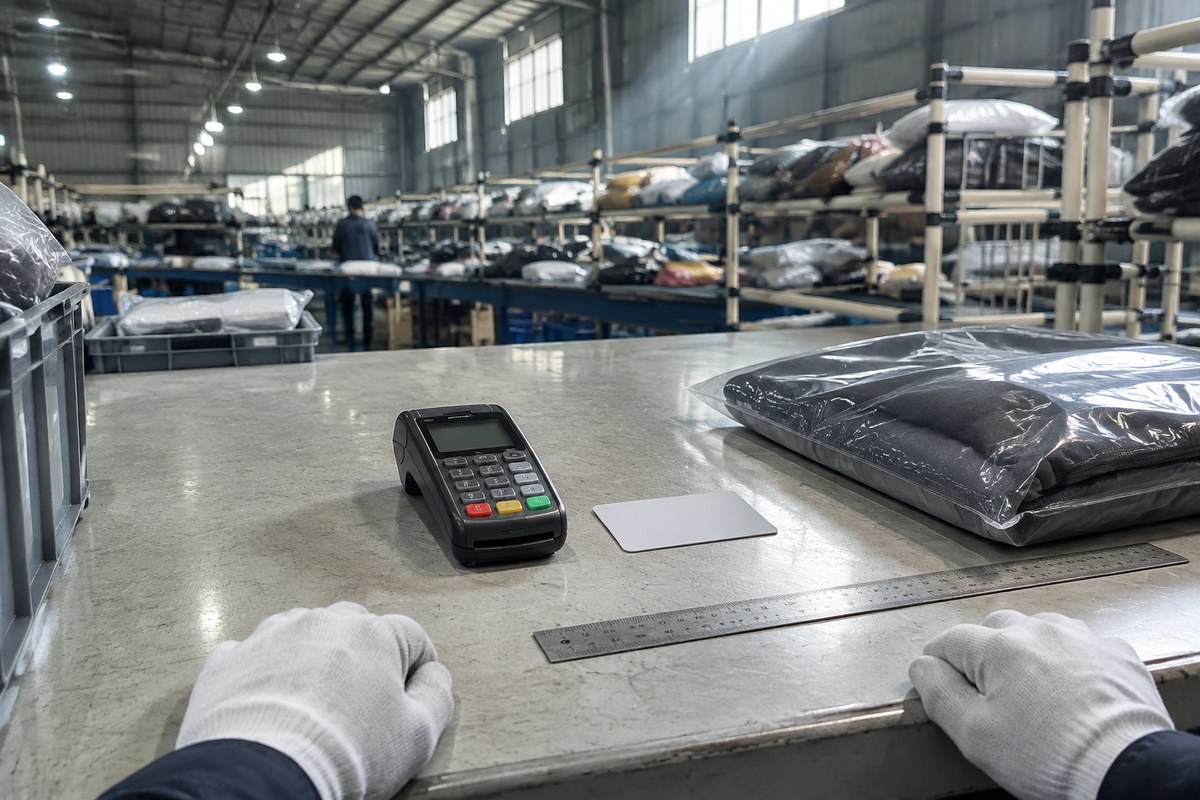 Phone beside a kraft-wrapped parcel as a seller check before payment