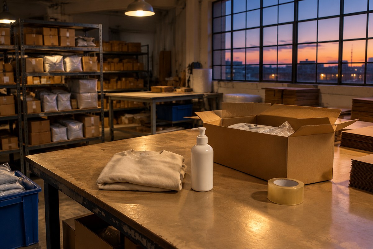 Frosted glass cosmetic bottles, white tube and towel with gloved hand on steel table