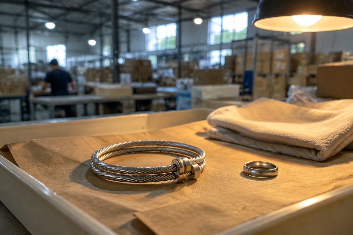 Gloved hand lifting a silver chain necklace with tweezers above brown paper