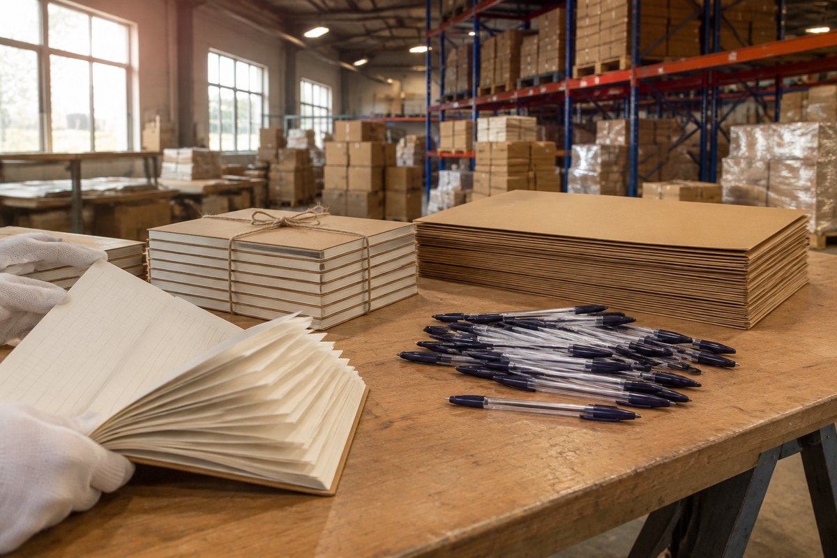 Gloved hand lifting kraft notebook covers beside a cup of pens