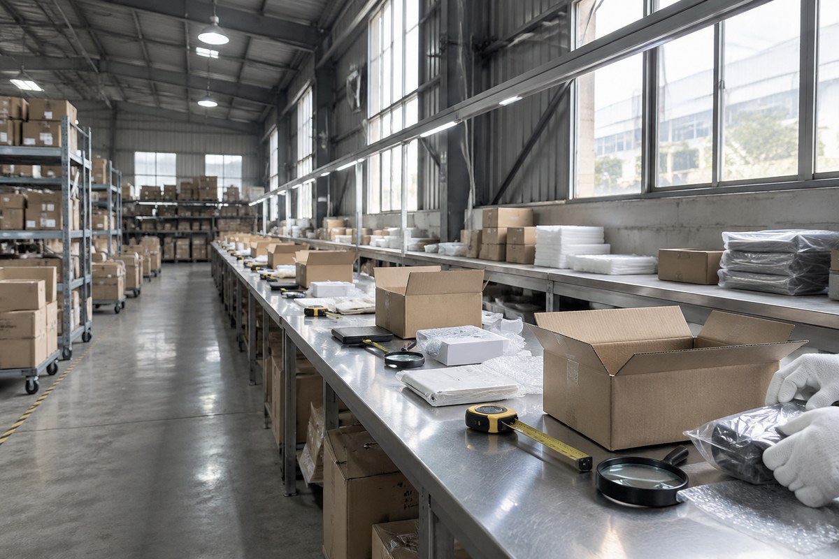 Warehouse aisle lined with shelving racks stacked with export-ready cartons