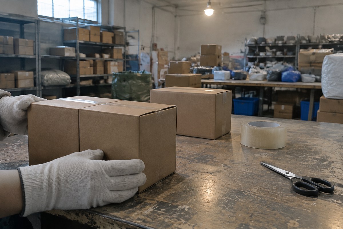 Labelled cartons on packing tables being matched against the order record