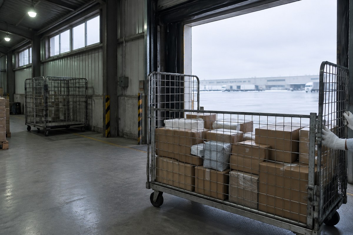 Cartons stacked on warehouse shelving in the packing aisle