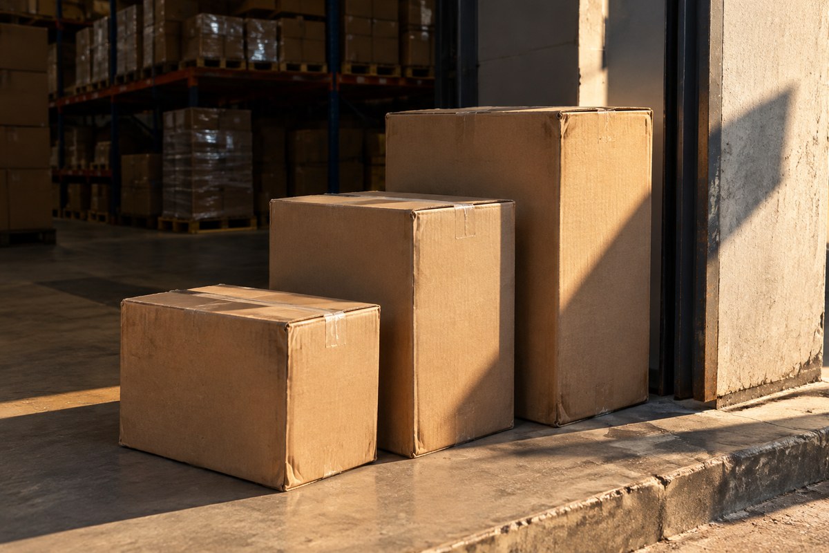 Gloved hands laying a folded knitwear piece into an open export carton