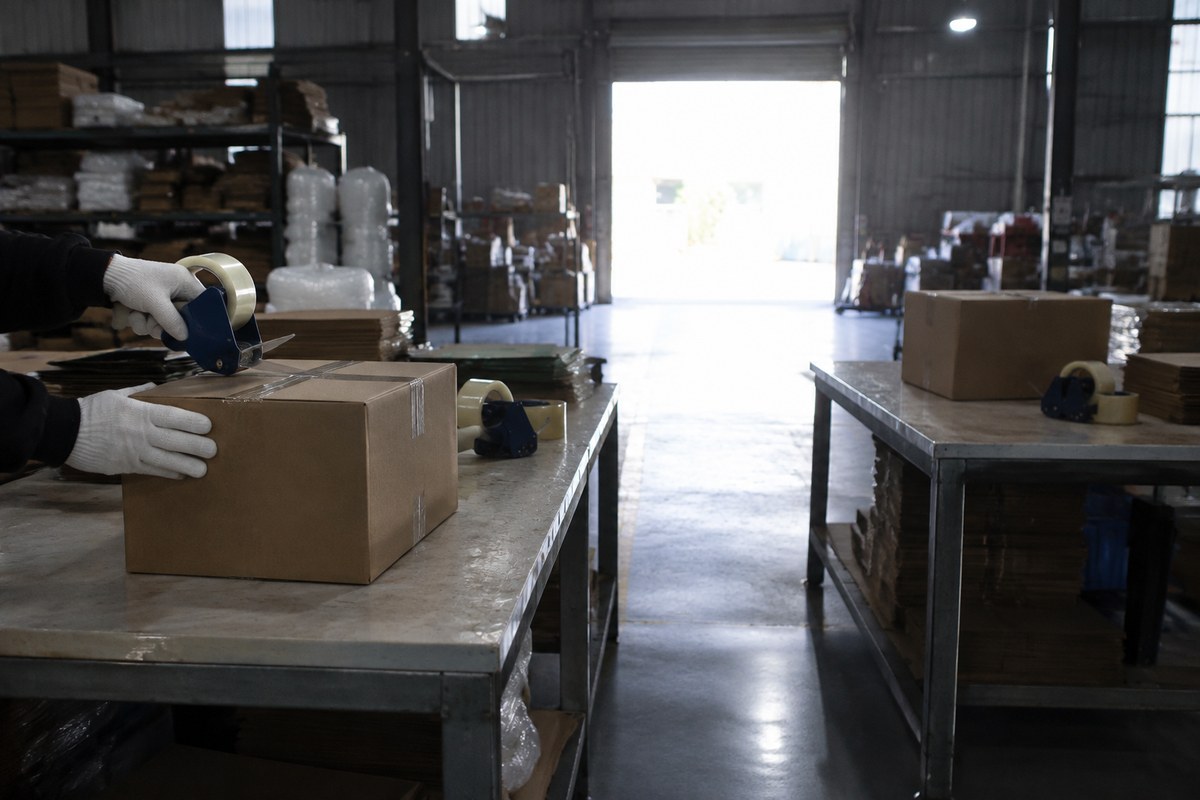 Boxes and taped mailer bags staged on a warehouse packing trolley