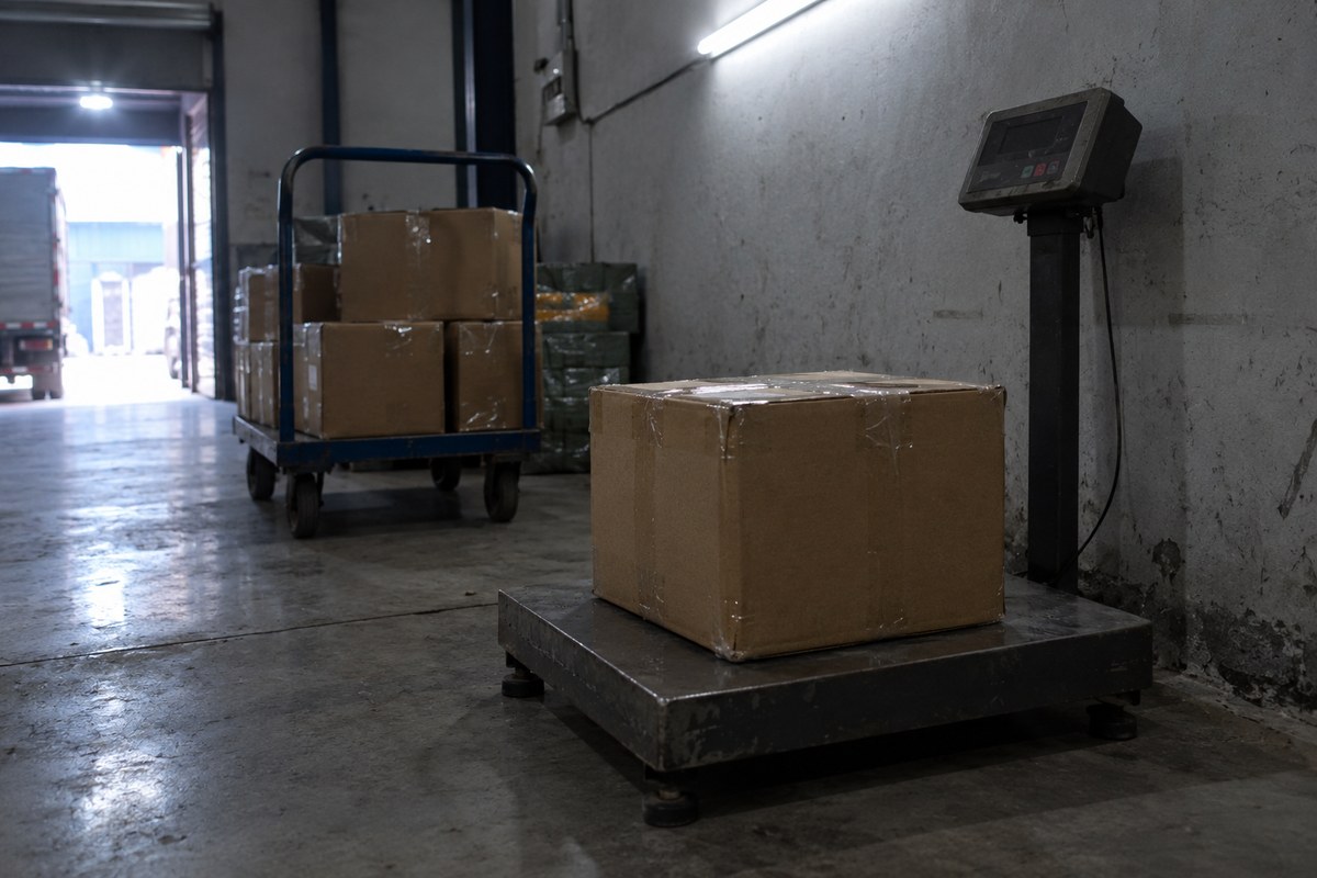 Gloved hands measuring a sealed carton on a platform scale