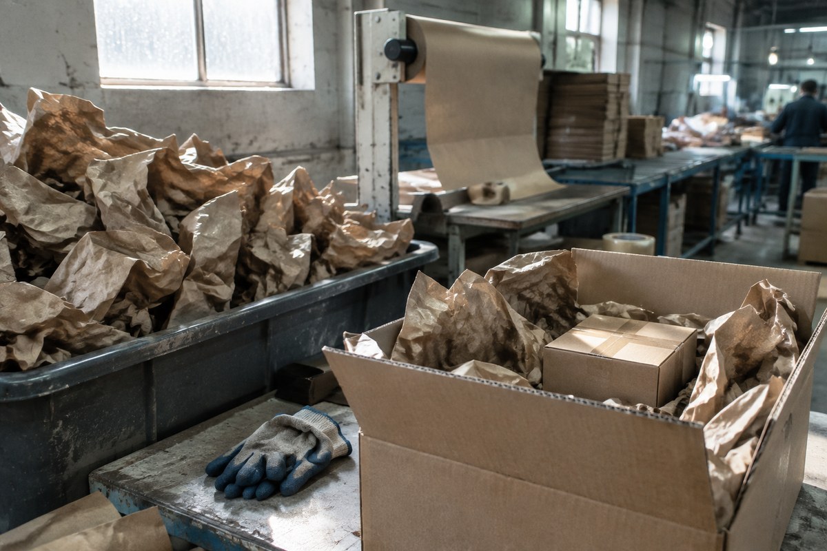 Gloved hand pressing grey poly mailer bags into an open cardboard carton