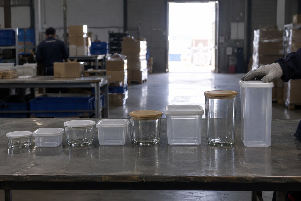 Gloved hands stacking clear plastic storage boxes separated by cardboard sheets