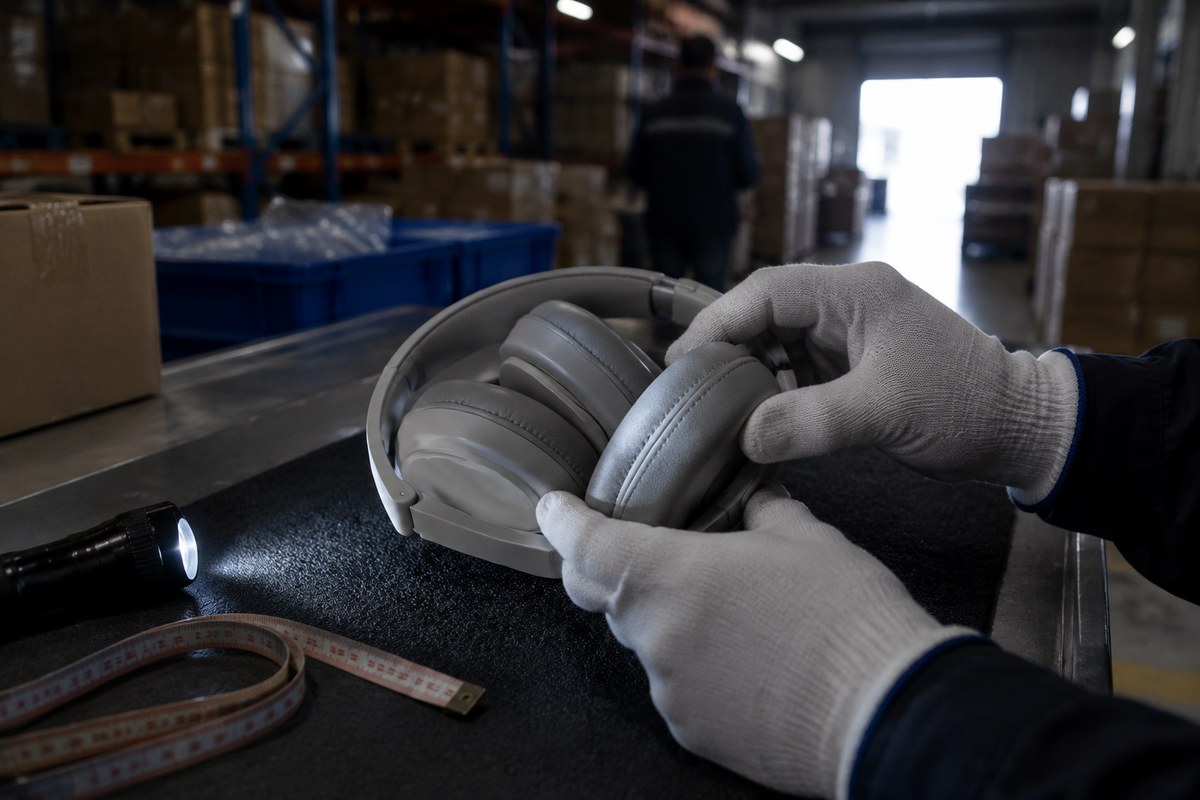 Gloved hands inspecting second-hand black over-ear headphones before a Xianyu order ships