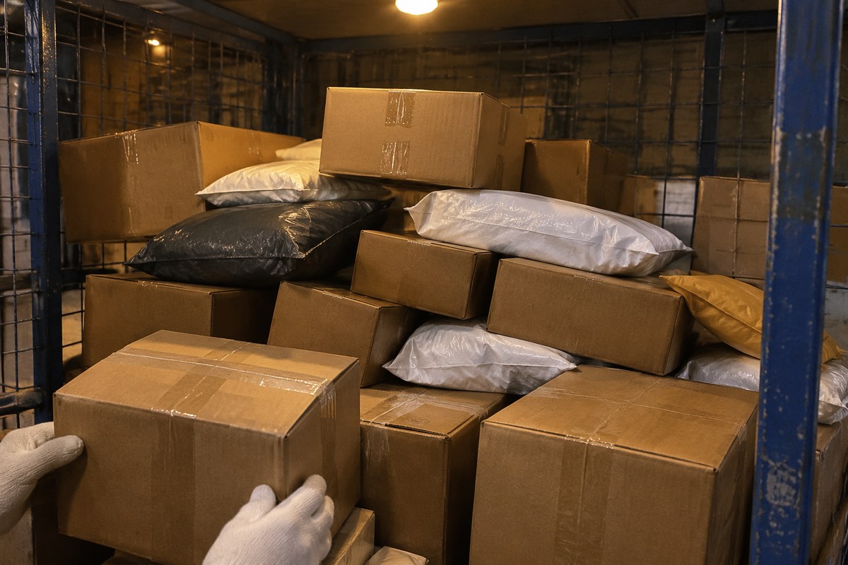 Steel rack stacked with plain taped cartons in a warehouse