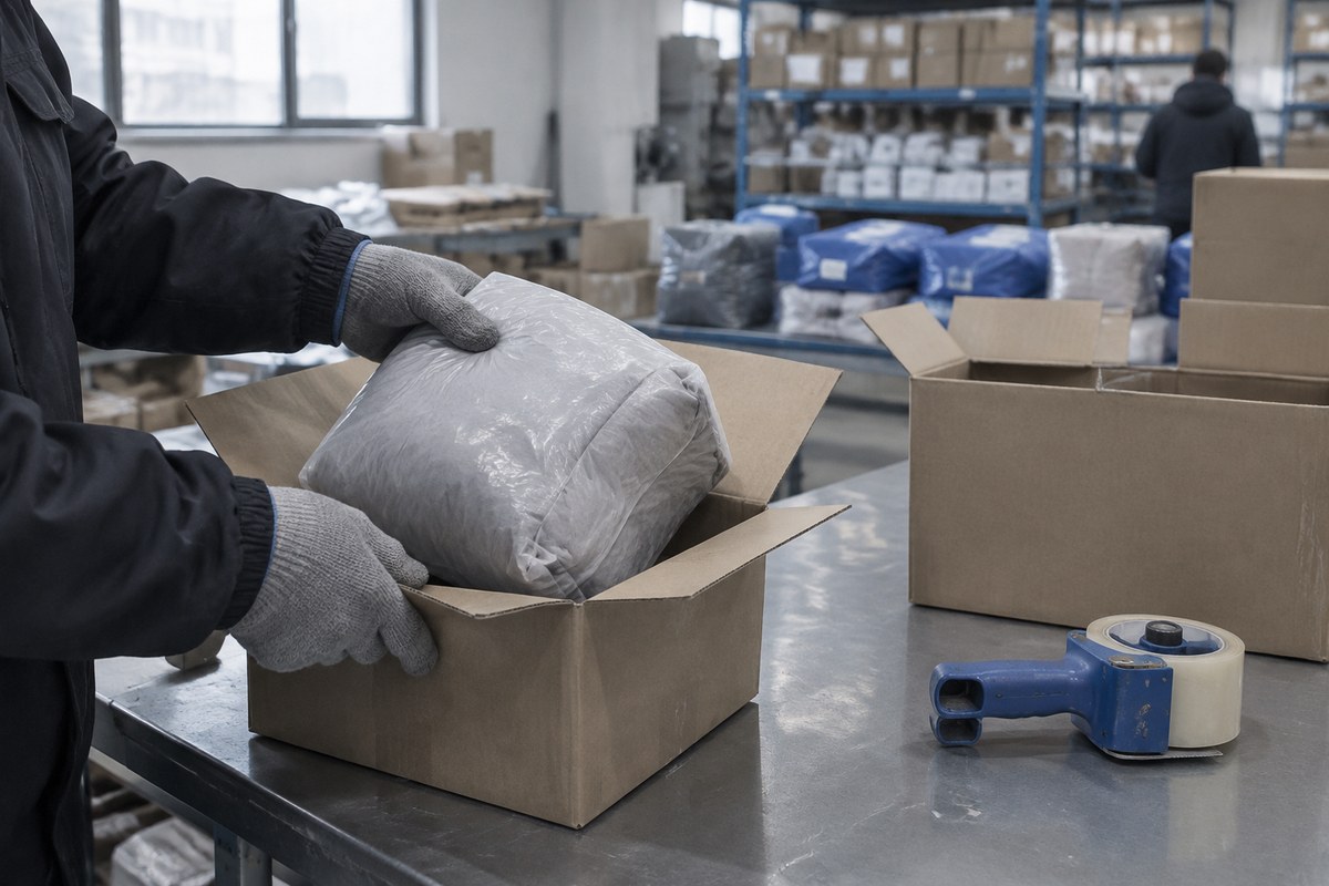 Gloved hands sealing a taped cardboard box on a steel table in a warehouse
