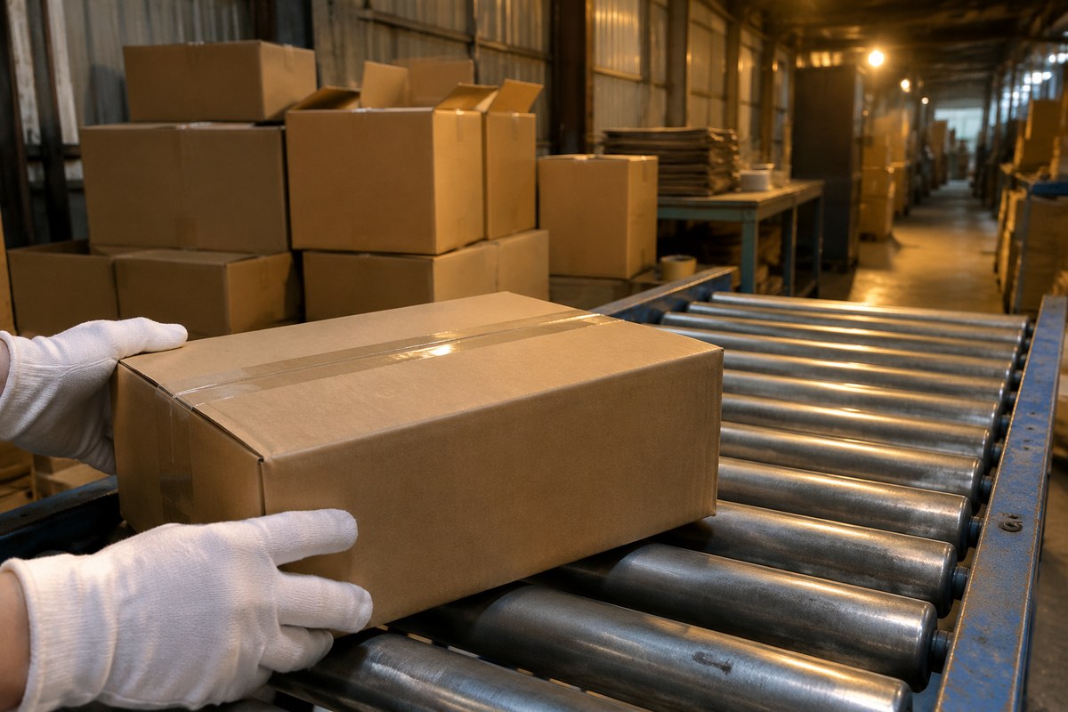 Gloved hands taping a cardboard parcel closed at a warehouse packing bench