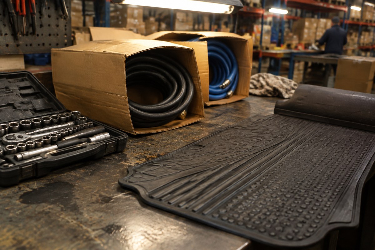 Black car trim panel and coiled rubber hose on a warehouse bench