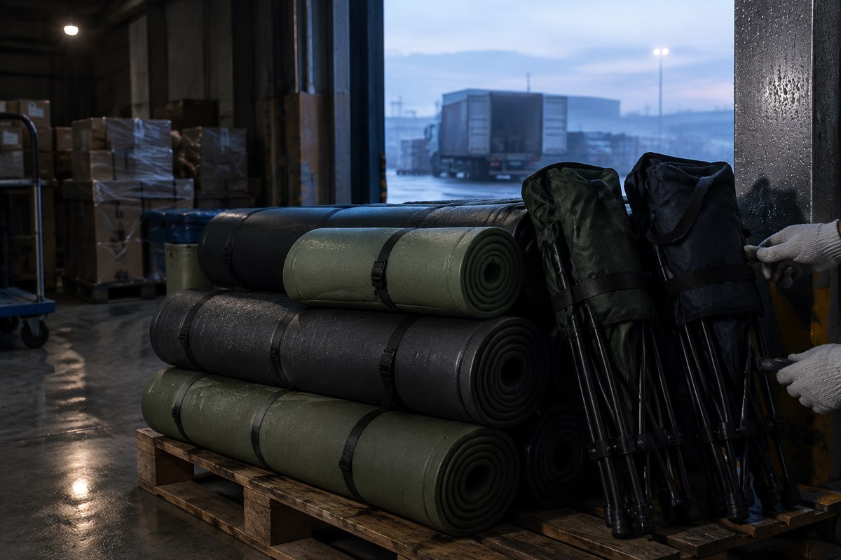 Rolled sleeping bag, camp mat, lantern and rope stacked on a wooden pallet
