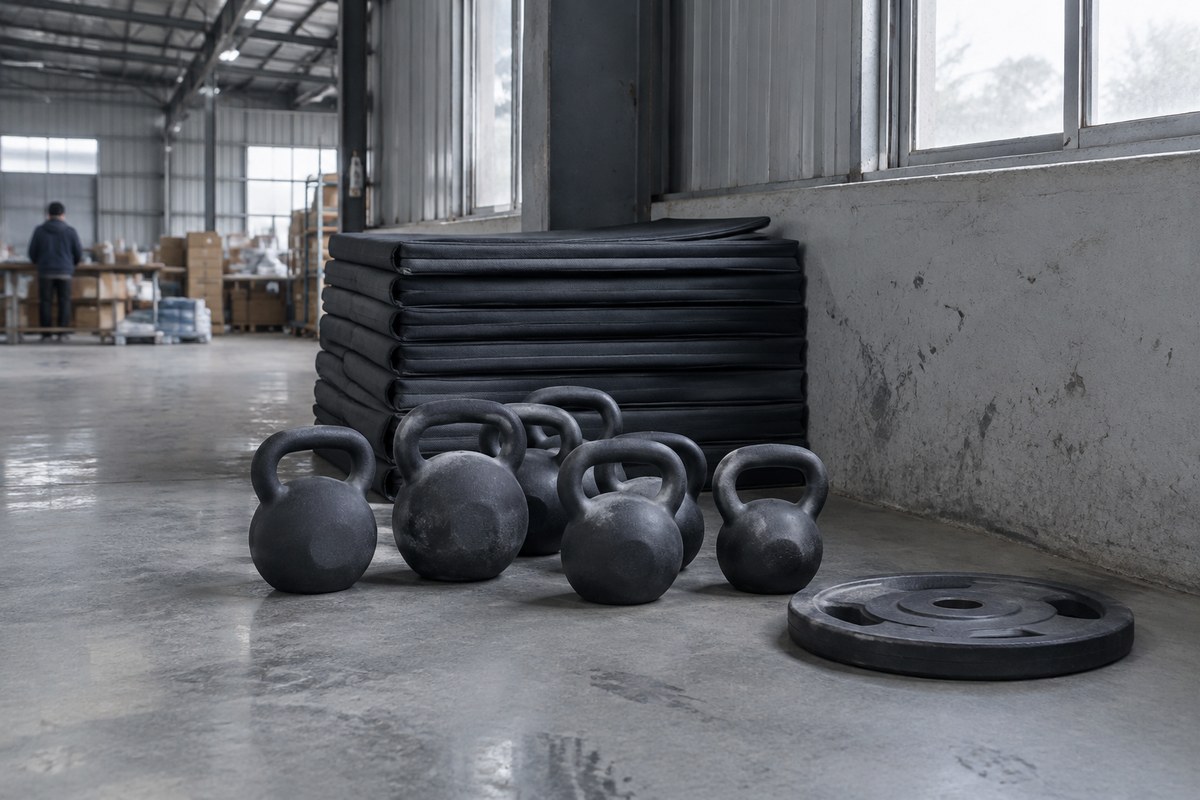 Grey yoga mat, hex dumbbells, resistance bands and folded weight bench on a pallet