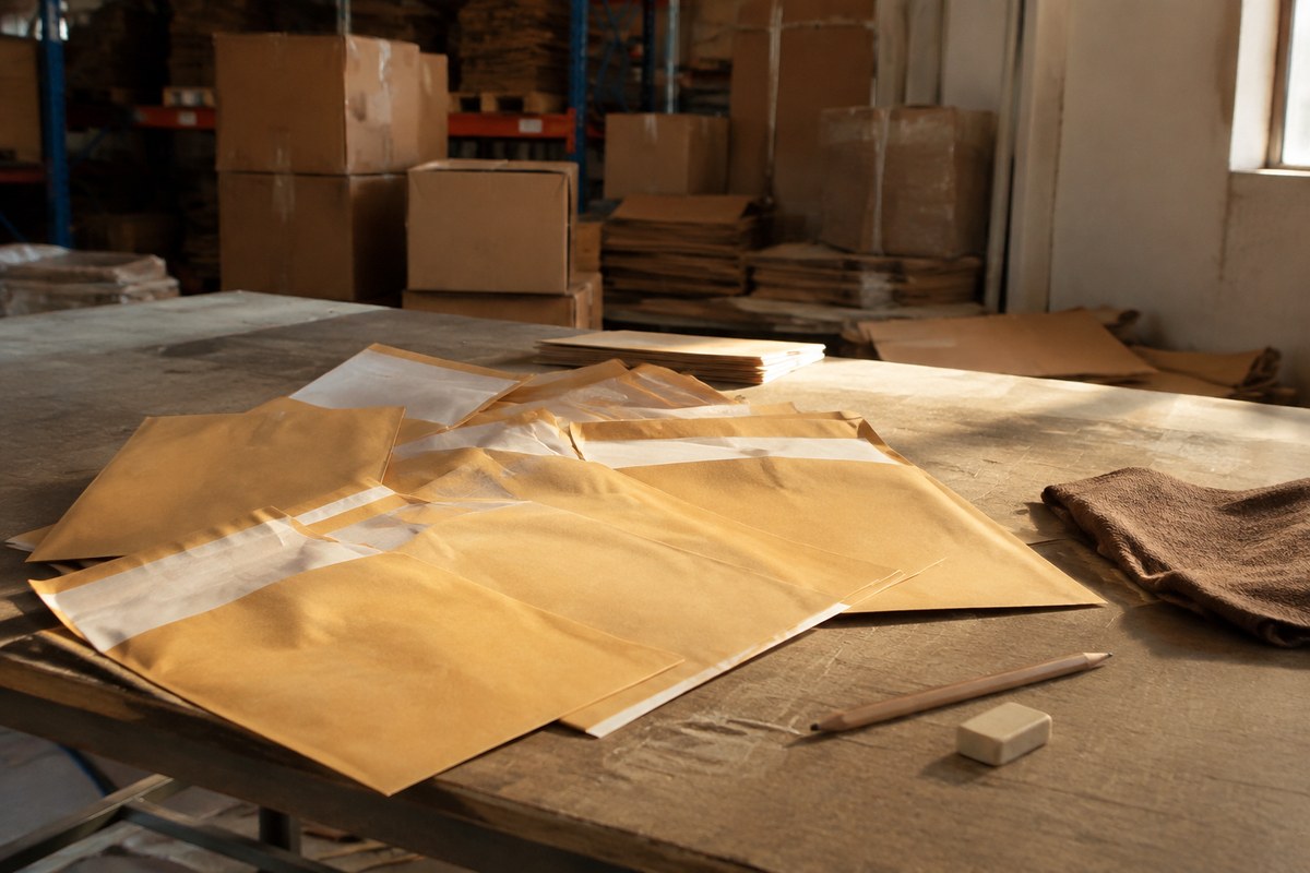 Taped carton with clipboard, poly bag and tape measure on a packing table