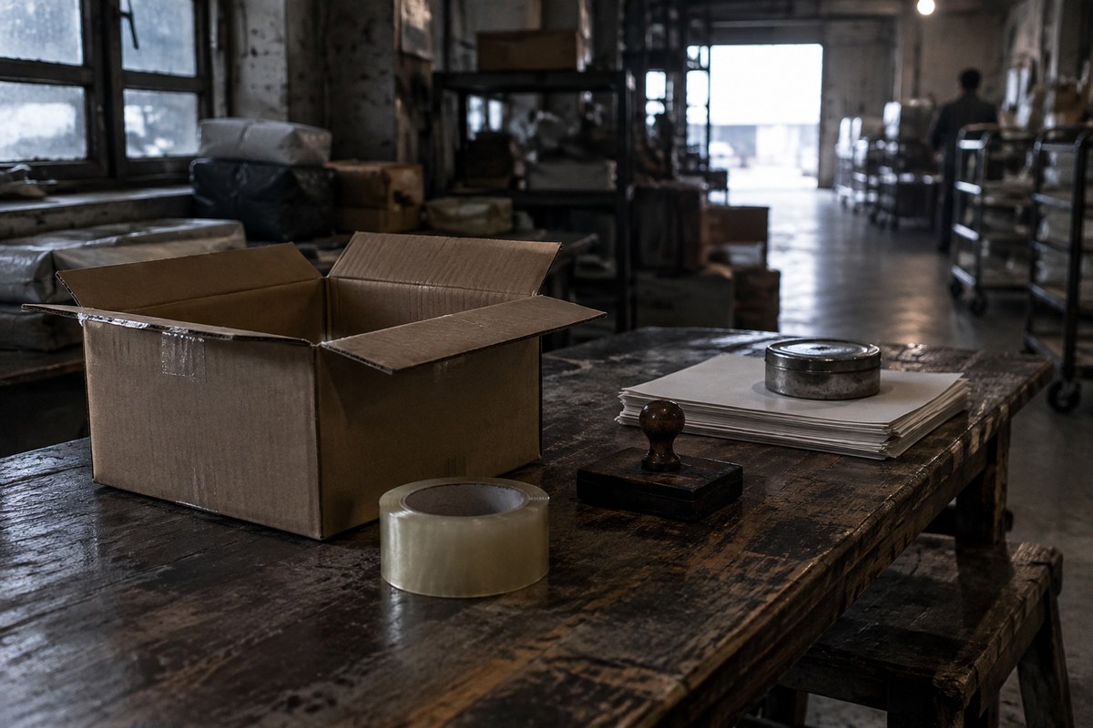 Taped cardboard box with white poly mailer, padded envelope and tape measure on table