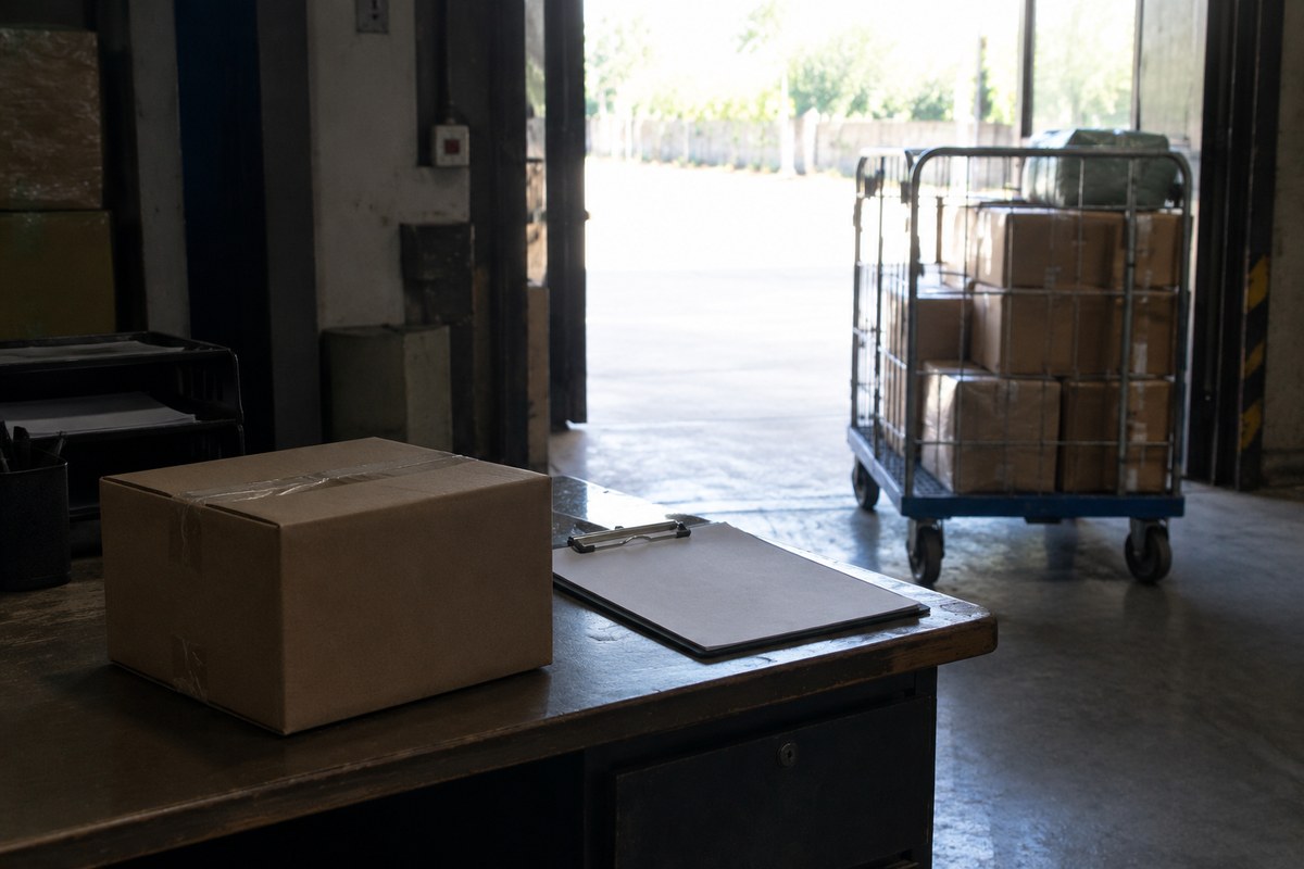 Sealed cardboard carton with customs paperwork on top at a China warehouse