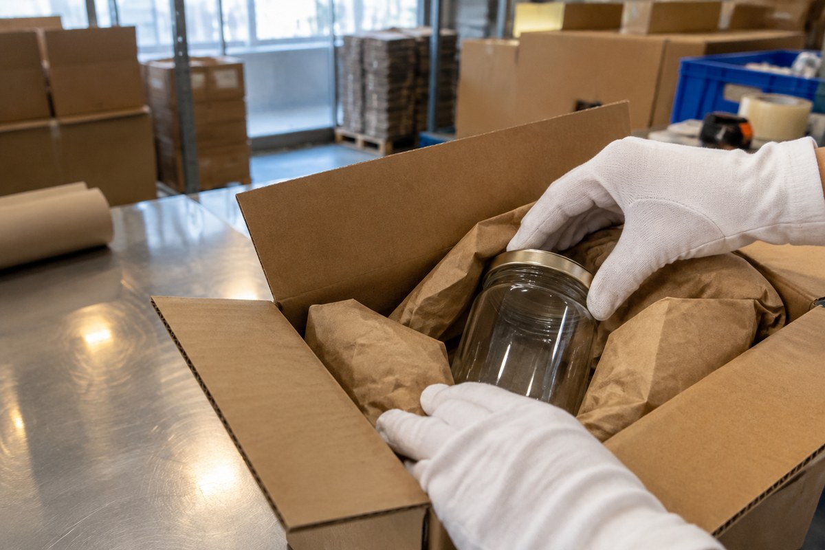 Pump bottles and jars packed in a box with bubble wrap