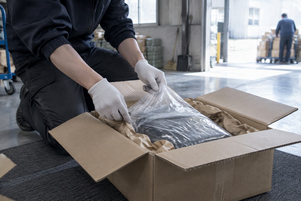 Gloved hands opening parcels containing folded clothing from a first Weidian order