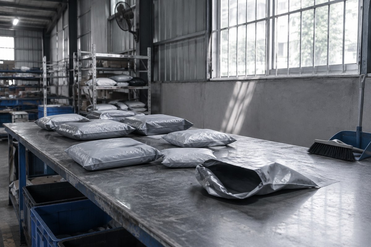 Grey mailing bags, including one open bag, arranged on a metal warehouse table