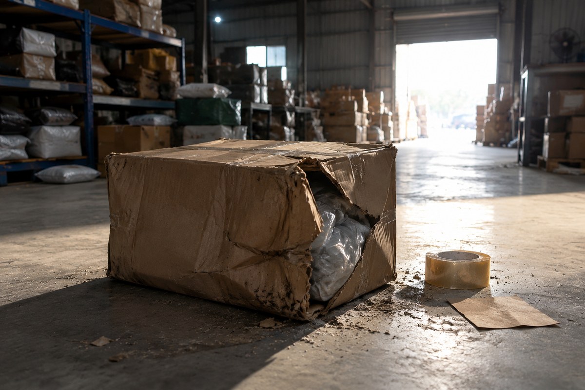 Damaged cardboard parcel opened to show grey clothing inside at a China warehouse