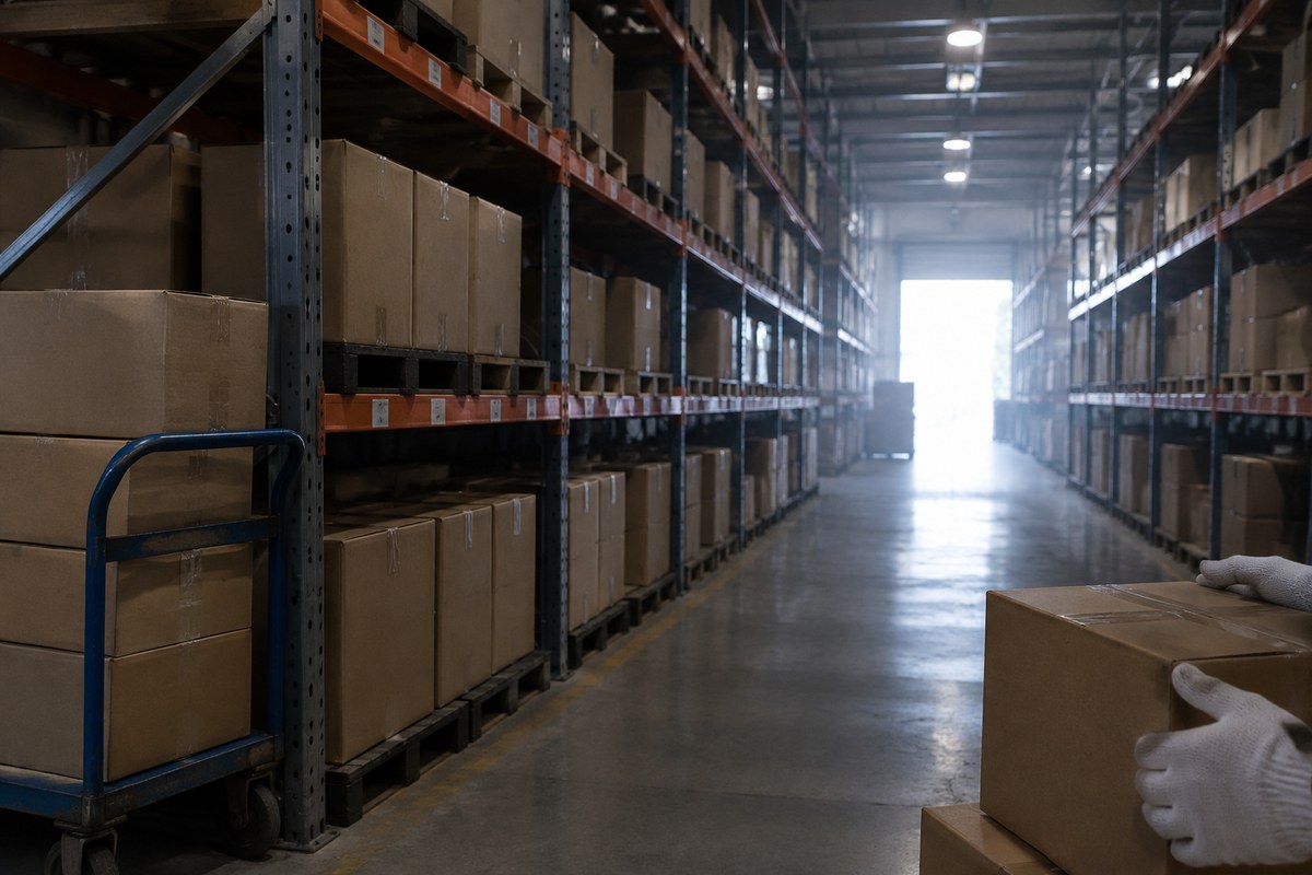 Cardboard boxes and a tape measure on a warehouse bench during order inspection